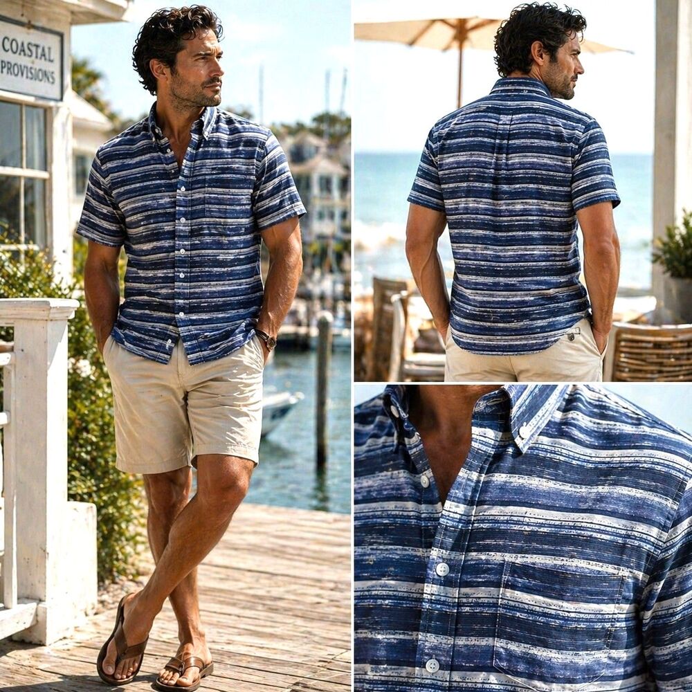 NWT 14th Union Sz L Trim Fit Coastal Blue Stripe Performance Button Resort Shirt